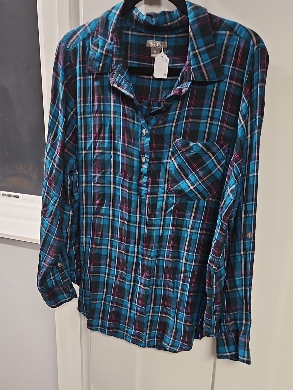 Falls Creek Teal and Black Plaid Button-Down Shirt